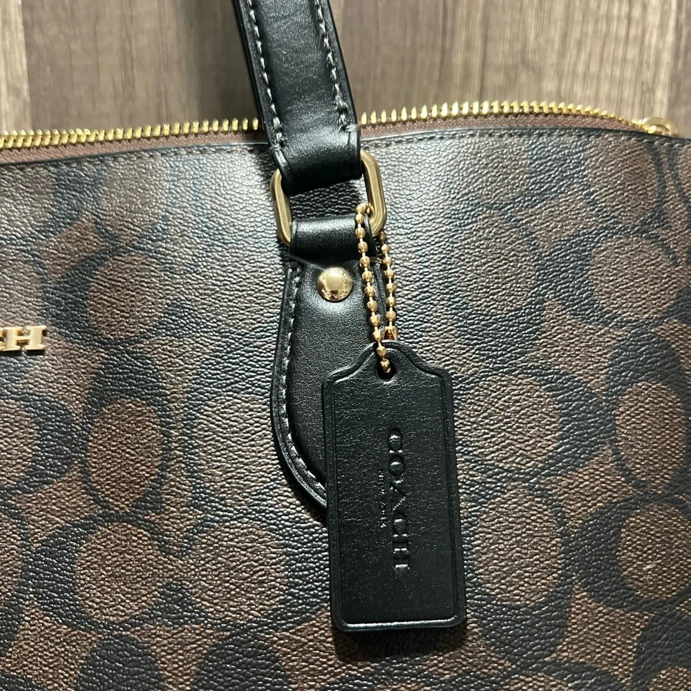 Coach Brown and Black Signature Tote Purse Bag Zip up